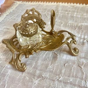 Vintage Brass Glass Inkwell, Victorian Style Desk Decor, Vintage Brass Decor
